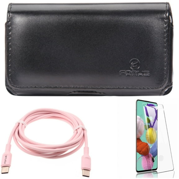 Case Belt Clip w Screen Protector w Pink 6ft Long Cable for Samsung Galaxy S20 - Leather Swivel, Tempered Glass [Fingerprint Unlock], USB-C to Type-C PD Fast Charger K1D fits Samsung Galaxy S20 Model