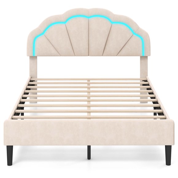 Costway Lit Plateforme Rembourré Format Grand avec Éclairage DEL en Velours Doux et Tête de Lit à Motif Floral