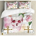 thumbnail image 1 of Skull Queen Size Duvet Cover Set, Nautical Anchor With Victorian Roses Peonies Vintage Art Design Print, Decorative 3 Piece Bedding Set with 2 Pillow Shams, White Pink Brown Green, by Ambesonne, 1 of 2
