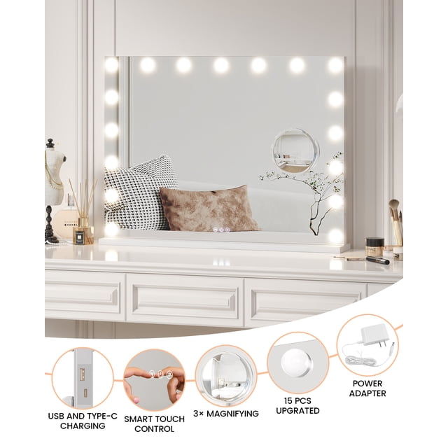 Large LED Vanity Mirror with 3 Color Lighting Modes – Tabletop Makeup Mirror for Bedroom, Bathroom & Dressing Room – Plug-in