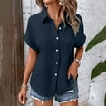 thumbnail image 2 of vigerkar Casual V Neck Button Down Shirts for Women Solid Short Sleeve Blouse Tops Summer Outfits Dark Blue, XXL, 2 of 9