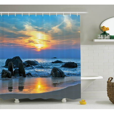 Seaside Rocks - Seaside Decor Shower Curtain Set, Sunset Scenery In Sandy Beach With Rocks And Waves Lonely Peace Morning Dream On Earth, Bathroom Accessories, 69W X 70L Inches, By Ambesonne