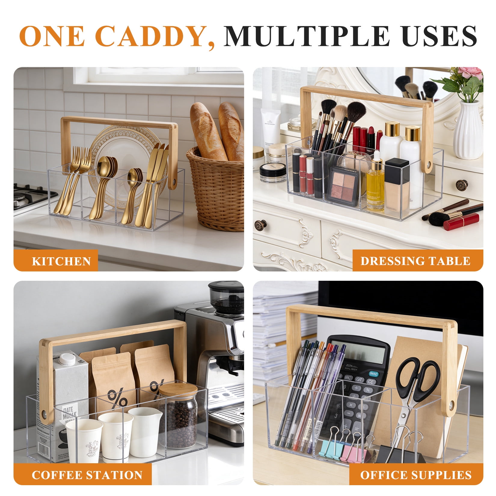 Clear Acrylic Utensil Organizer with Handle, 4 Compartment Cutlery Holder with Drain Holes, Portable Flatware Caddy for Kitchen Counter, Picnic, Party, Buffet, Bathroom Storage