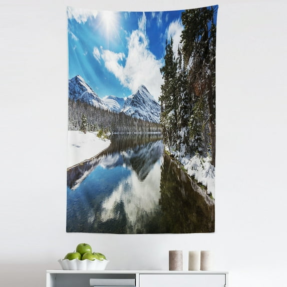 Winter Tapestry, Tranquil View of Glacier National Park in Montana Water Reflection Peaceful, Fabric Wall Hanging Decor for Bedroom Living Room Dorm, 5 Sizes, Brown Blue White, by Ambesonne