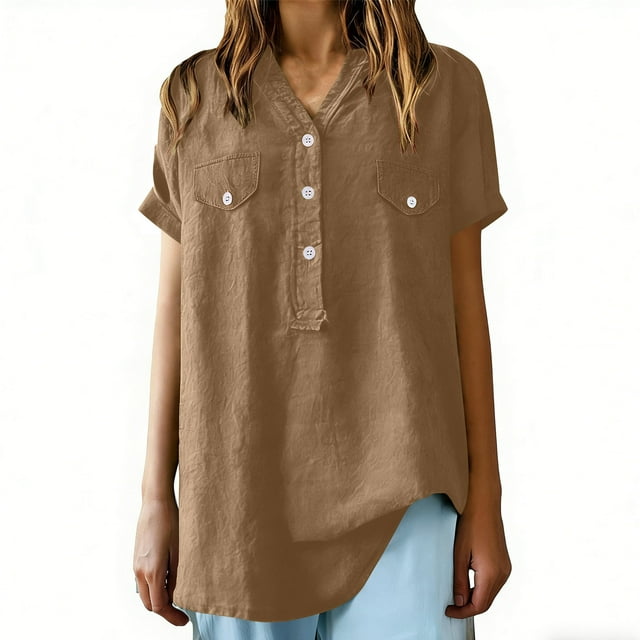 Karight Cotton Linen Shirts for Women Summer Short Sleeve V Neck Button Down Tops Dressy Casual Oversized Tshirts