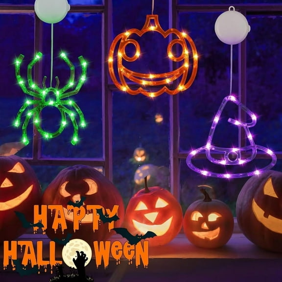 4-Pack Halloween Window Decorations Set! Battery-Operated Orange Pumpkin, White Ghost, Purple Witch Hat & Green Spider Lights – Suction Cup Hanging with Timer (Spooky Glow)