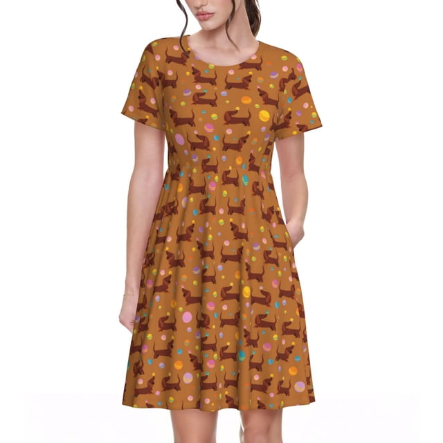 Kdxio Robe T-Shirt Décontractée pour Femmes, Imprimé Teckel et Balle, Manches Courtes d'Été, Robes Évasées avec Poches