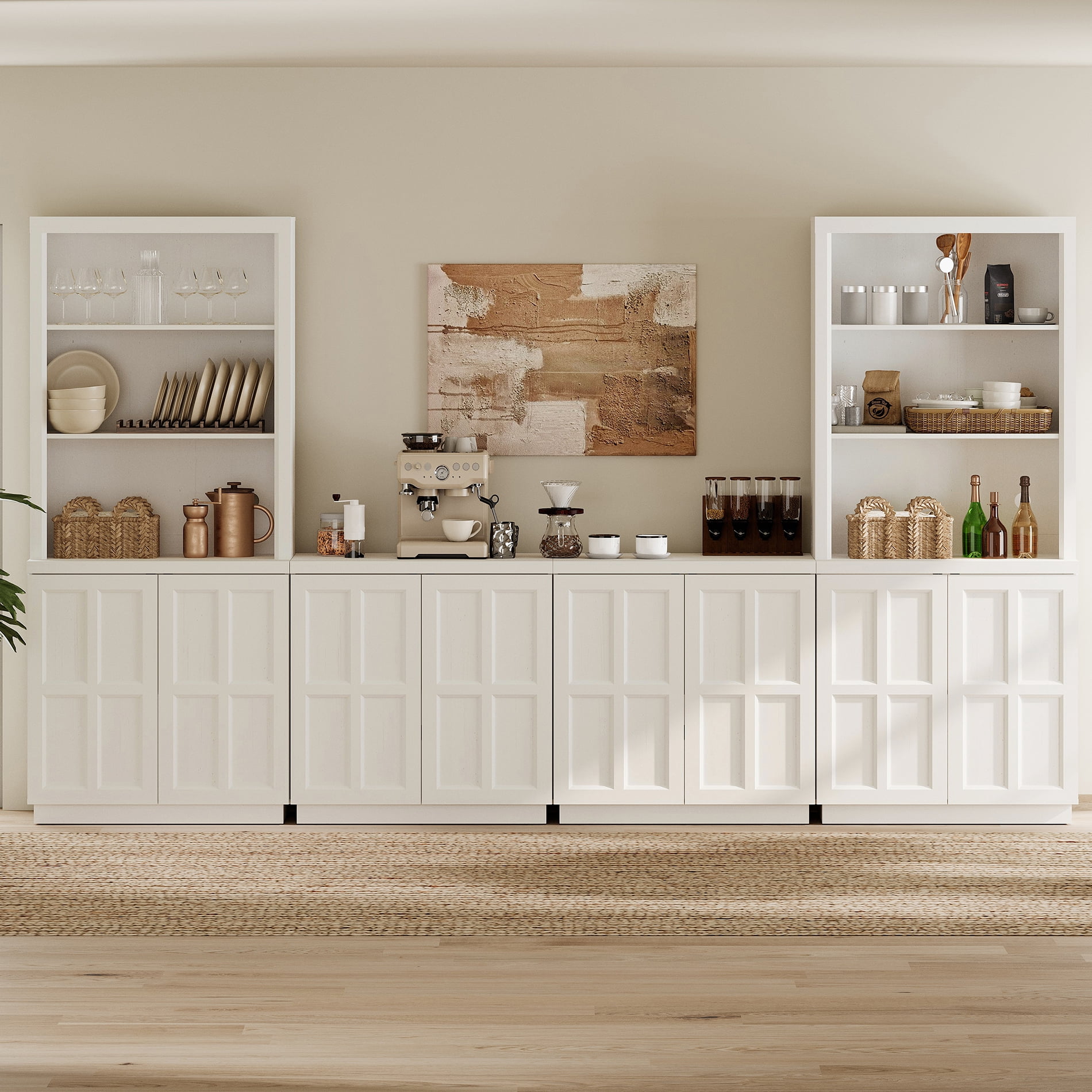 HOMOOI Pantry Cabinet,Boho Combined Kitchen Storage Hutch with 2 Upper Bookshelves Tops & 4-in-1 Cabinet with adjustable Shelves, Anti-Wobble Storage Organizer for Kitchen,Dining Room,Entryway,White
