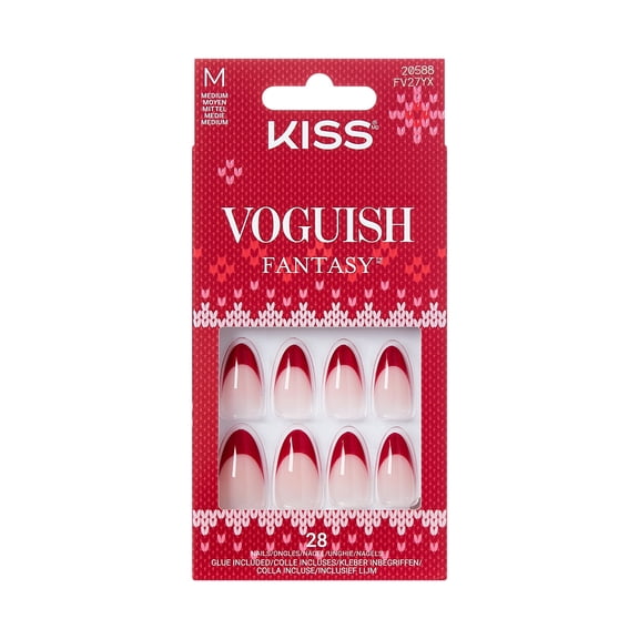 KISS Voguish Fantasy Holiday Press On Nails Almond, ‘Little Elves’, Red, Medium, 28 Count