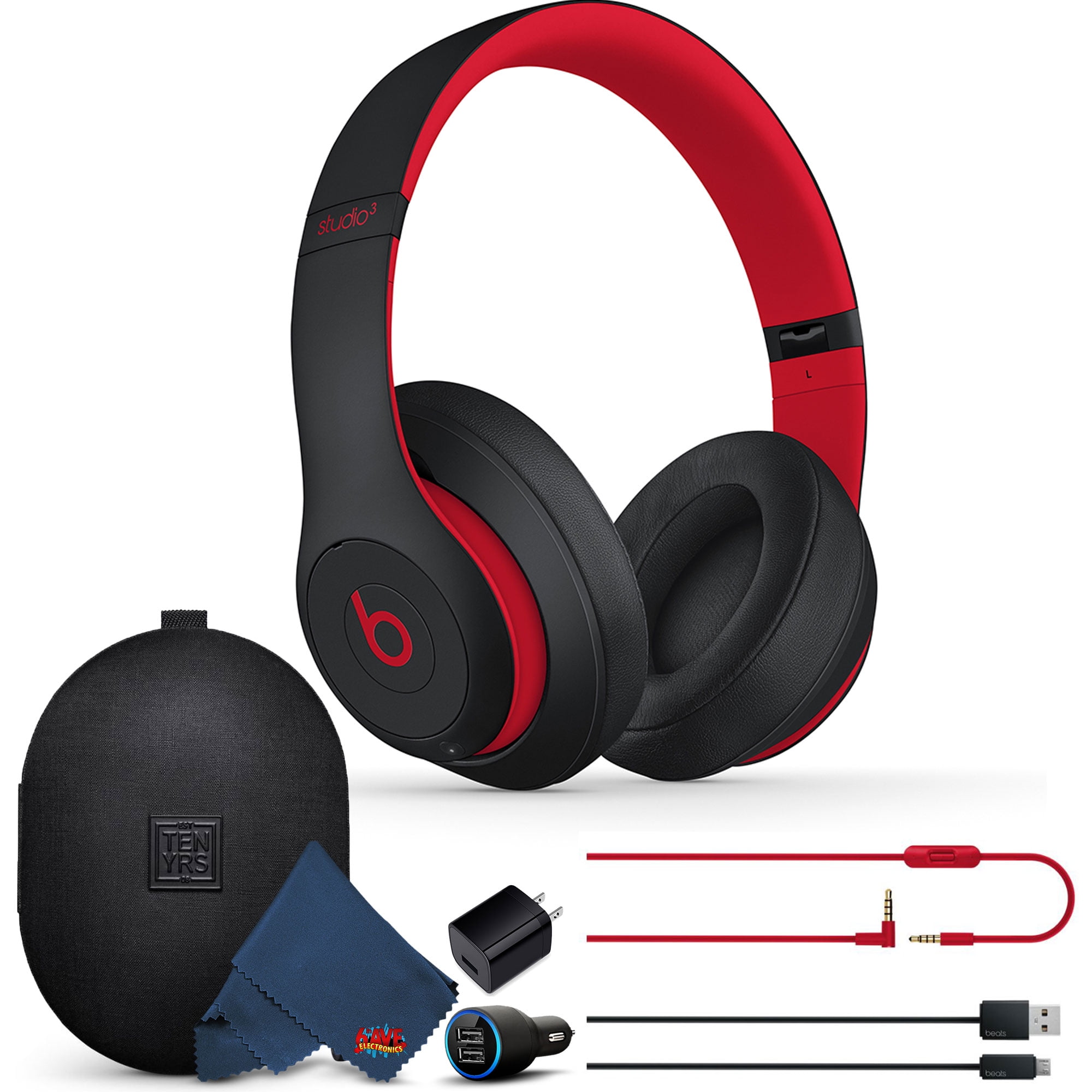 Beats Studio3 Wireless Over Ear Noise Cancelling Bluetooth Headphones Black Red with Extra USB Charging Adapters and 6Ave Cleaning Cloth