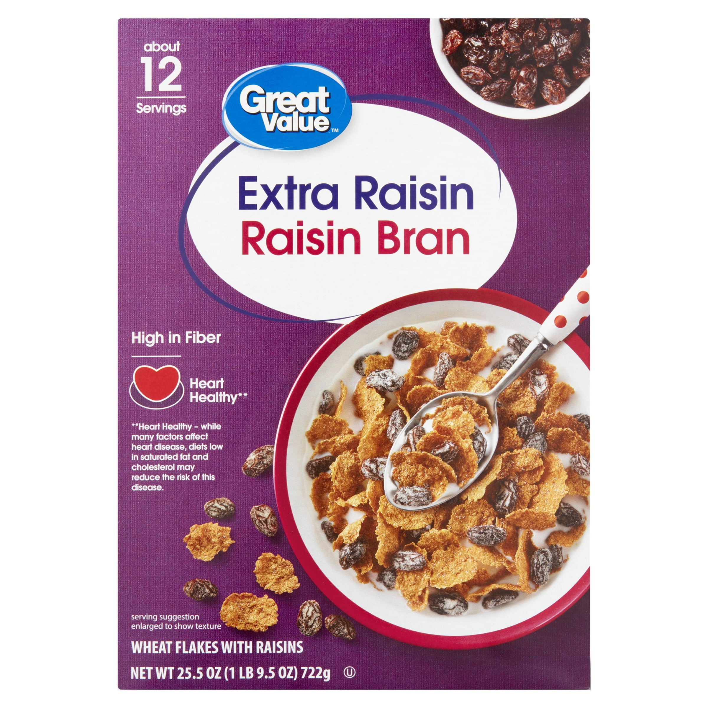 (12 pack) Great Value Extra Raisin Bran, Wheat Flakes Cereal, 25.5 oz