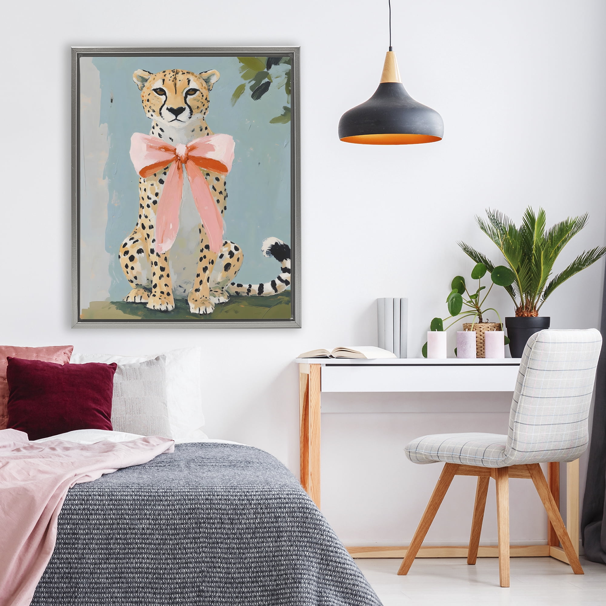 Stupell Industries Cheetah with Big Pink Bow Gray Framed Floater Canvas Wall Art, design by The Prints Vibe
