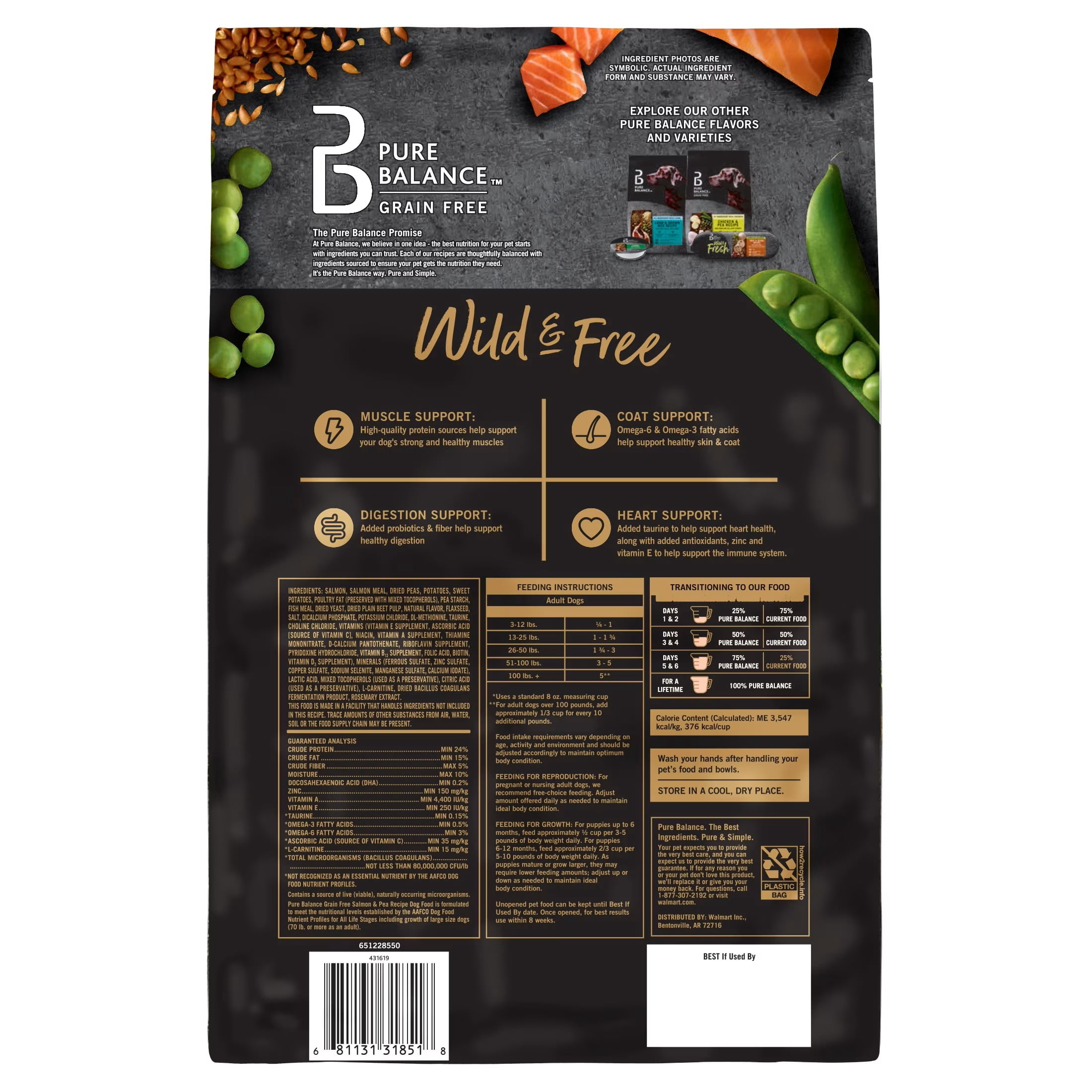 (3 pack) Pure Balance Wild & Free Grain-Free Salmon & Pea Recipe Dry Dog Food, 4 lbs