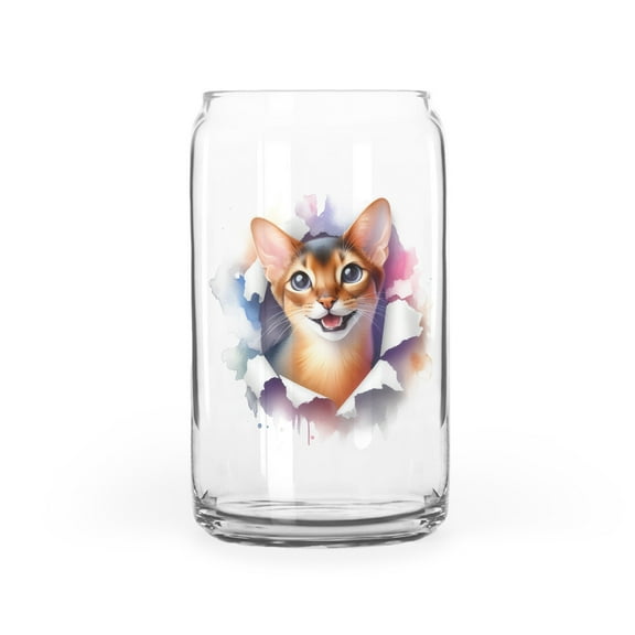 Funny Watercolor Adorable Abyssinian Peeking Through Torn Paper Effect 16oz Glass Cup Mug Cat Lover Kitten Owner Gifts Glass Can - 00026
