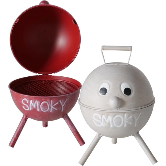 Smoky Ashtrays, Set of 2, Lidded Dome, Red and White, BBQ Grill Party Style, Lacquered Iron, 7.75 Inches