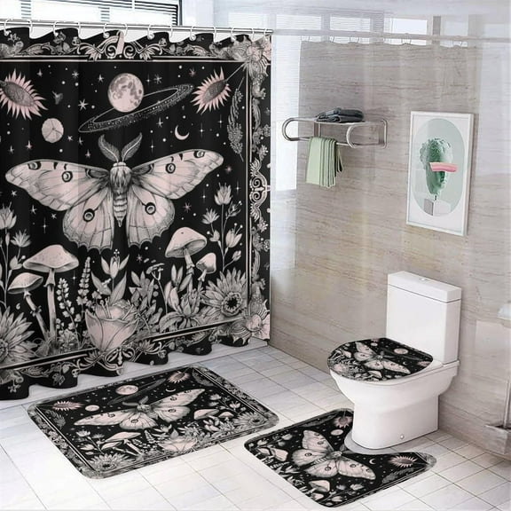 4Pcs Abstract Butterfly Floral Botanical Shower Curtain Sets, Bathroom Decor Set with Rugs, Bath Mat Moon Witchy Gothic Shower Curtain, 72 X 72 Inch