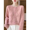 thumbnail image 5 of Cárdigan de lana con cuello redondo para mujer, suéter de cachemira para otoño e invierno, suéter de punto con cable, suéter de manga larga calado, 100 % lana merino de punto, 5 of 5