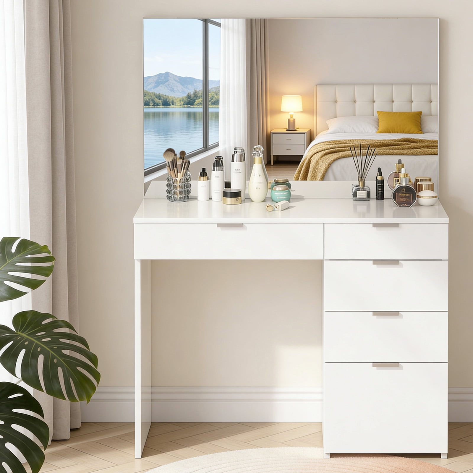 Vebreda Vanity Desk with Large Mirror and 5 Drawers for Bedroom, Dressing Room