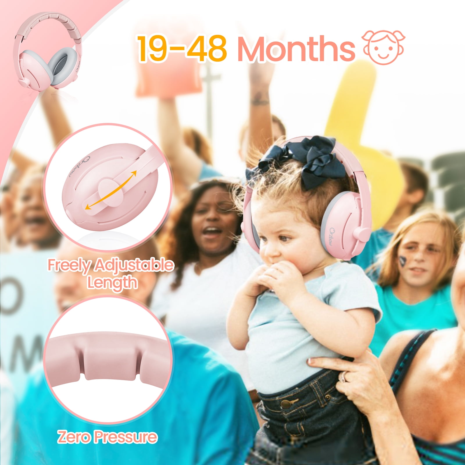 Orzbow Baby Noise Cancelling Headphones with Cute Bear Design for Babies Infant up to 48 Months, Ear Muffs Noise Protection with Non-Slip Band for Airplane Travel Sleep, Pink Bear