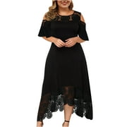 Mchoice Summer Plus Size Dress for Women Sexy Short Sleeve Strapless Ruffle Swing Dress High-Low Lace Splicing Dress Wedding Guest Dresses