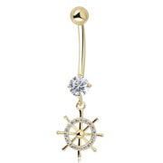 AVORA 10K White Gold Simulated Diamond CZ Nautical Ship Wheel Dangling Belly Button Ring Body Jewelry (14 Gauge)