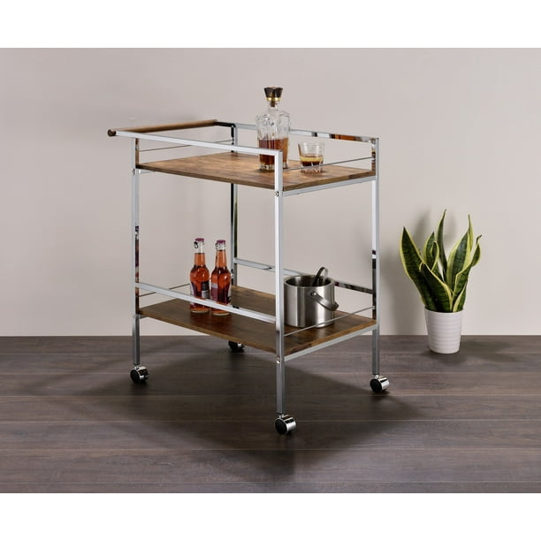 Millam 2 Tier Wheeled Serving Bar Cart with Push Bar, Chrome Metal