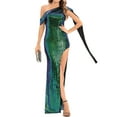 thumbnail image 4 of SWSMCLT Women's Sequin Maxi Dress Elegant Formal Evening Gown Wedding Party Sparkle Glitter Shiny Floor Length Asymmetrical Dress One Shoulder Cape Sleeve Thigh High Slit Teal Blue Green 4, 4 of 4