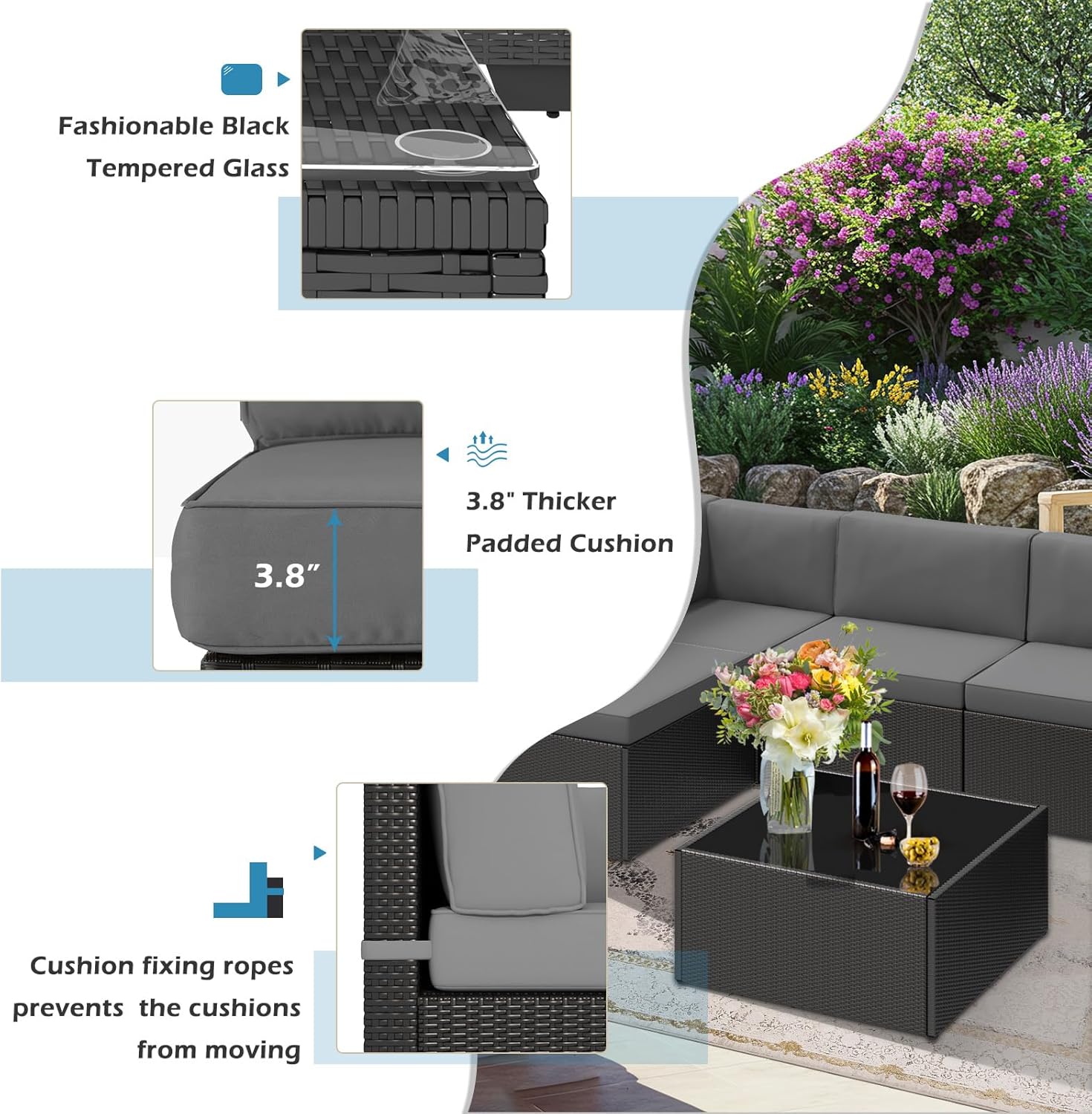 YODOLLA 7-Piece Patio Furniture Set with 30" Fire Pit Table, Rattan Wicker Outdoor Sectional Sofa Couch with Table Patio Conversation Set for Lawn& Backyard In Gray