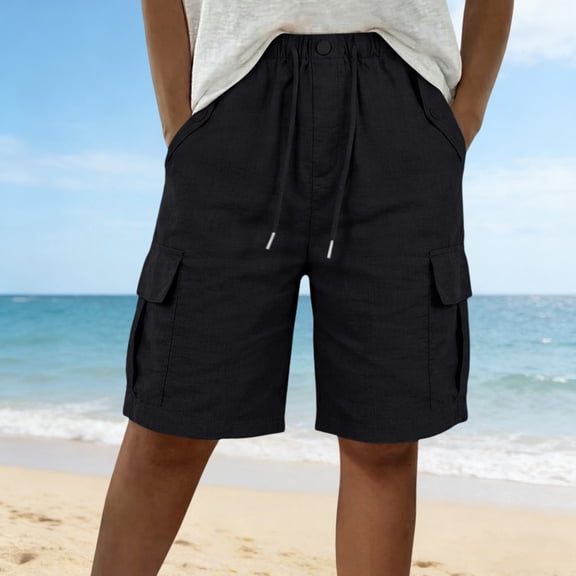 Women Wide Leg Shorts Loose Knee‑Length Linen Button Fly Multi‑Pocket Hiking Shorts Black