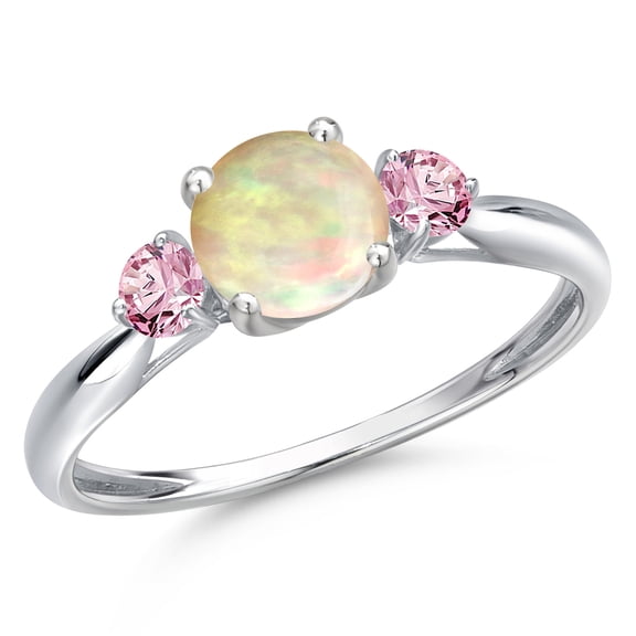 Gem Stone King 10K White Gold White Ethiopian Opal and Pink Lab Grown Diamond 3-Stone Ring for Women | 0.82 Cttw | Round Cabochon 6MM | Gemstone October Birthstone | Size 9