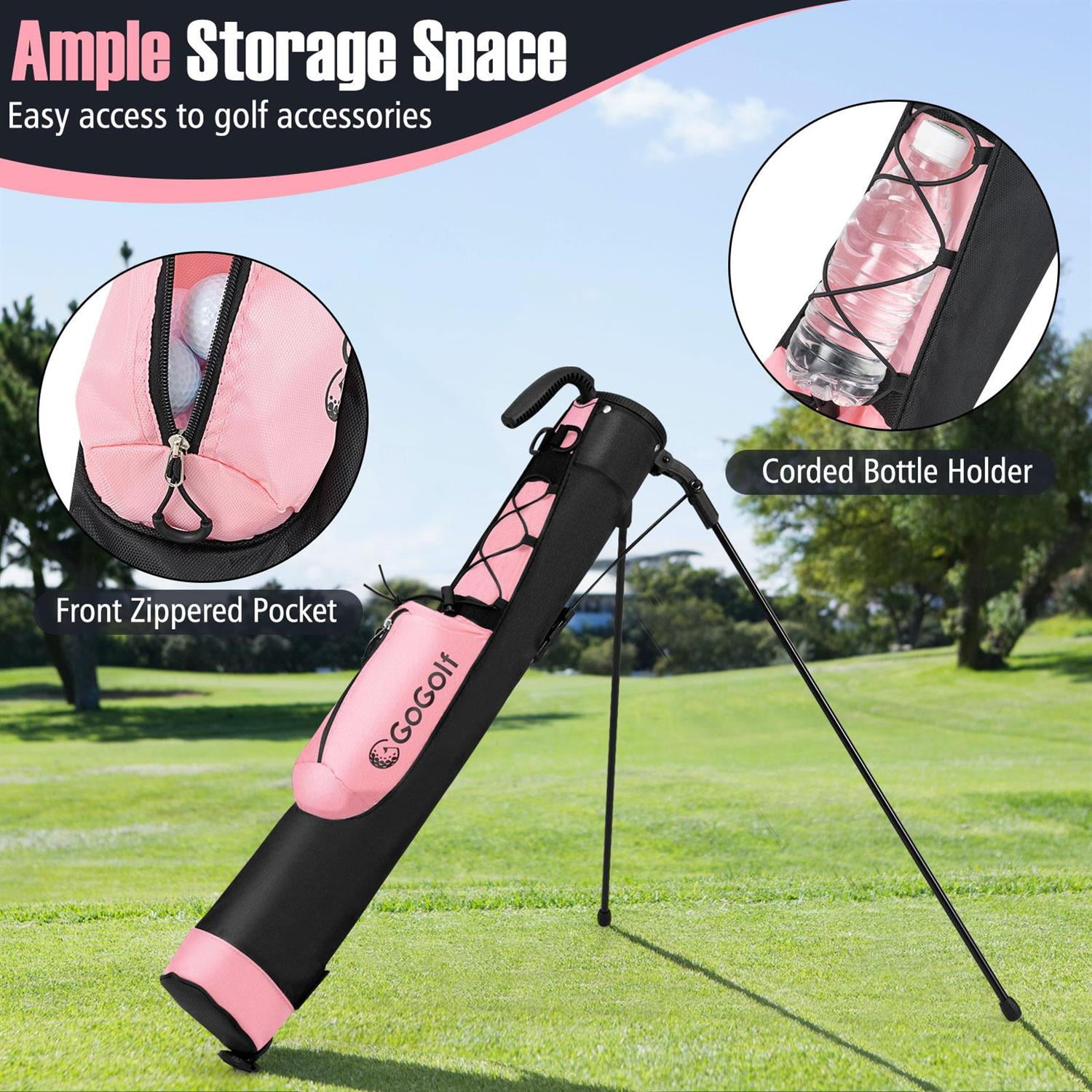 Demi Bonn Driving Range Lightweight Golf Stand Bag, Bottle Holder, Press-to-Stand Base, Pink