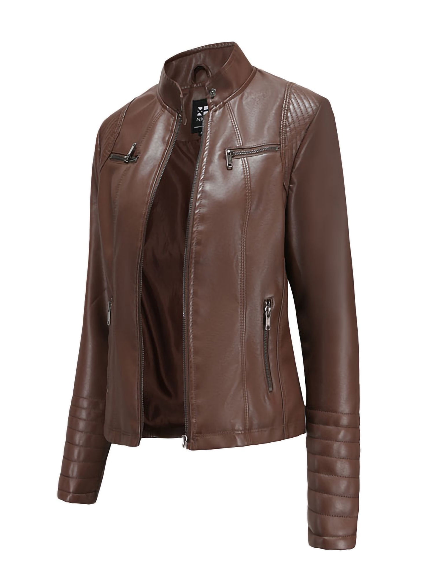 Women's Jacket Faux Fur Collar PU Leather Zip Up Coat Moto Biker Outwear Blazer 