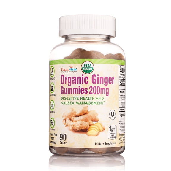 Pharmvista USDA Organic Ginger Gummies 200mg 90 Count for Nausea Management and Digestive Health