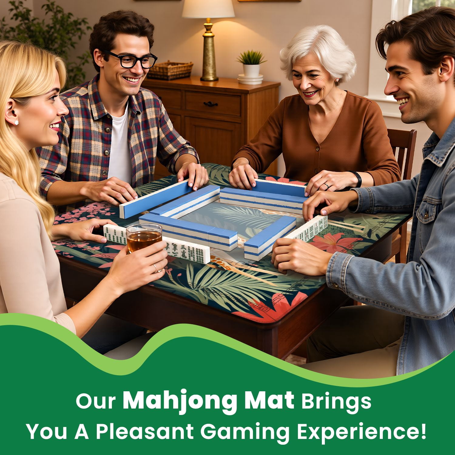 Mahjong Mat 31.5" x 31.5" Pair Giraffes Among Tropical Foliage Vibrant Flowers Non-Slip Noise Reduction American Mahjong Tiles Table Cover for Dominoes Poker Card Board Games Gift