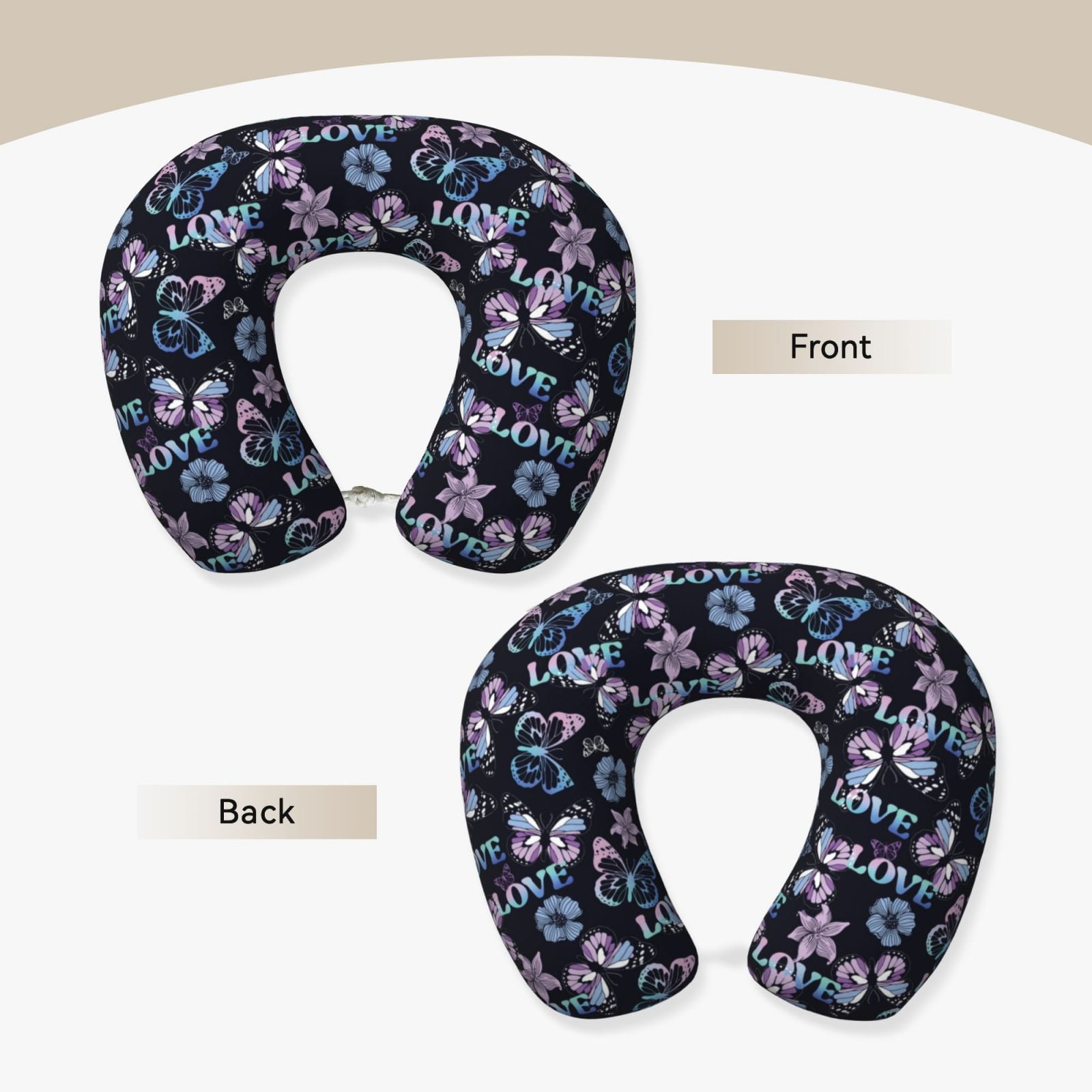 Xecao Love Butterflies Print Memory Foam Cervical Neck Pillow Versatile U-Shaped Pillows for Home,Office,Camping,Travelling,Soft Washable Cover