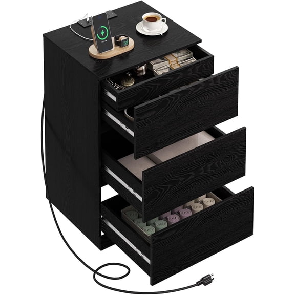 Nightstand, 4 Drawers, 26" H with Hidden Drawer, Bedside Table with Charging Station, Modern Night Stand for Bedroom, Black