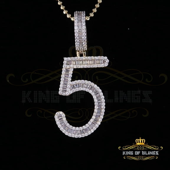 King of Bling's Yellow Sterling Silver Baguette Numeric Number '5' Pendant 4.78ct Cubic Zirconia