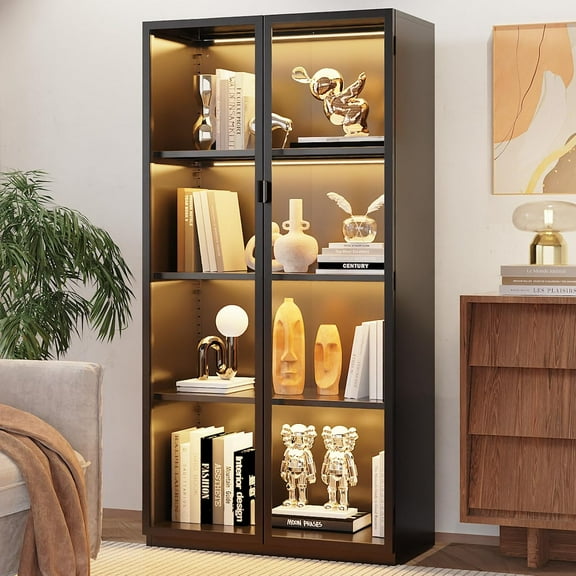 Display Cabinet with Glass Doors and LED Lights, Glass Display Case with 3 Adjustable Shelves,4 Tier of Storage Space Curio Cabinet for Bedroom Living Room Homeoffice Dining Room