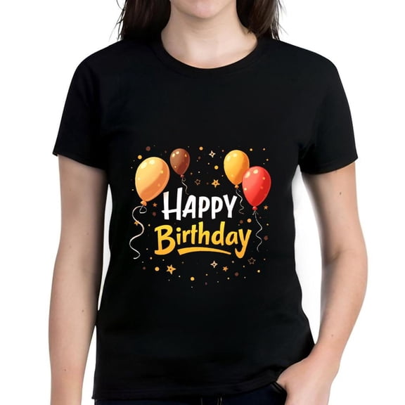 Colorful Happy Birthday Cotton Short Sleeve T-Shirt for Women - Festive Design with Balloons Stars and Sparkles