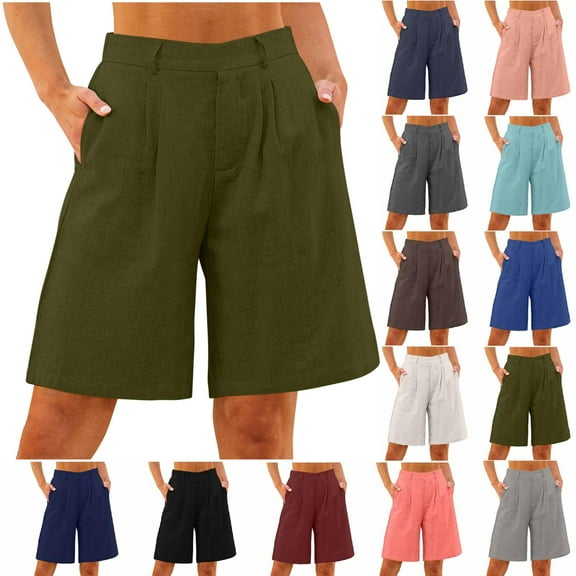 Summer Fashion Womens Bermuda shorts Plus Size Cotton Linen Solid Color Loose Straight Leg With Pockets Side Slit Buttons Clearance Under 10$!