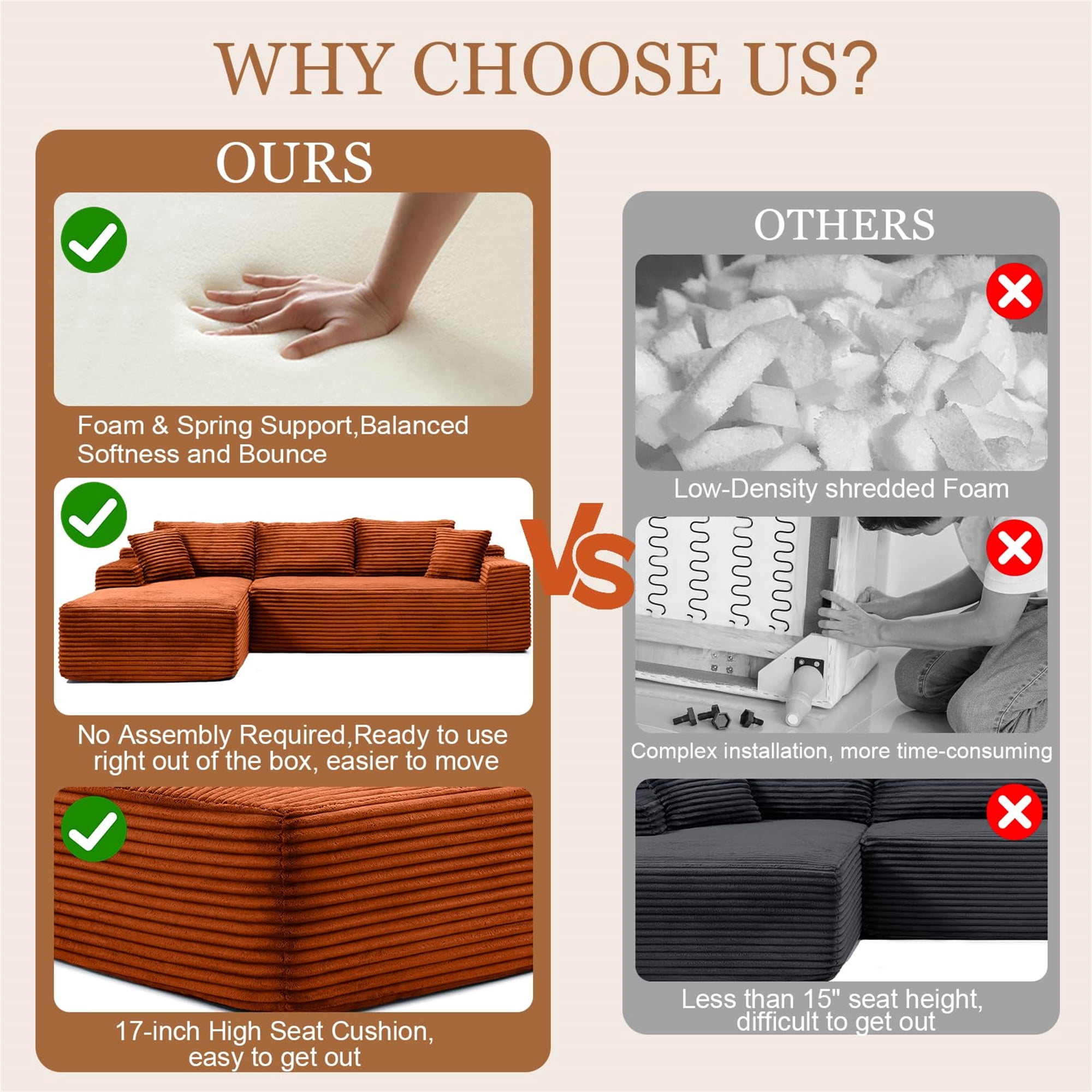 Aukfa 105" Cloud Sectional Sofa Boneless Couch Modular Sofa Bed for Living Room, 2Pillows, Right Chiase, Corduroy, Orange