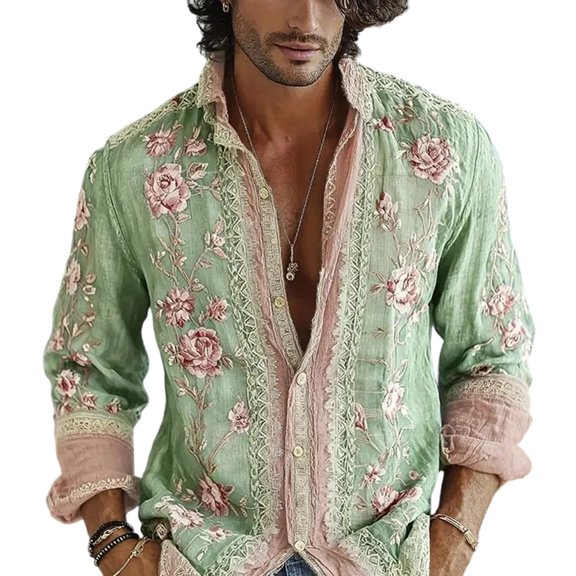 Men's Boho Floral Button Down Shirt Relaxed Long Sleeve Top Wedding Guest Outfit