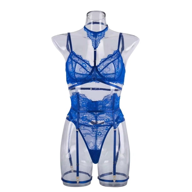 Conjunto de tres piezas de ropa interior con tirantes para colgar en el cuello y costuras de encaje para mujer