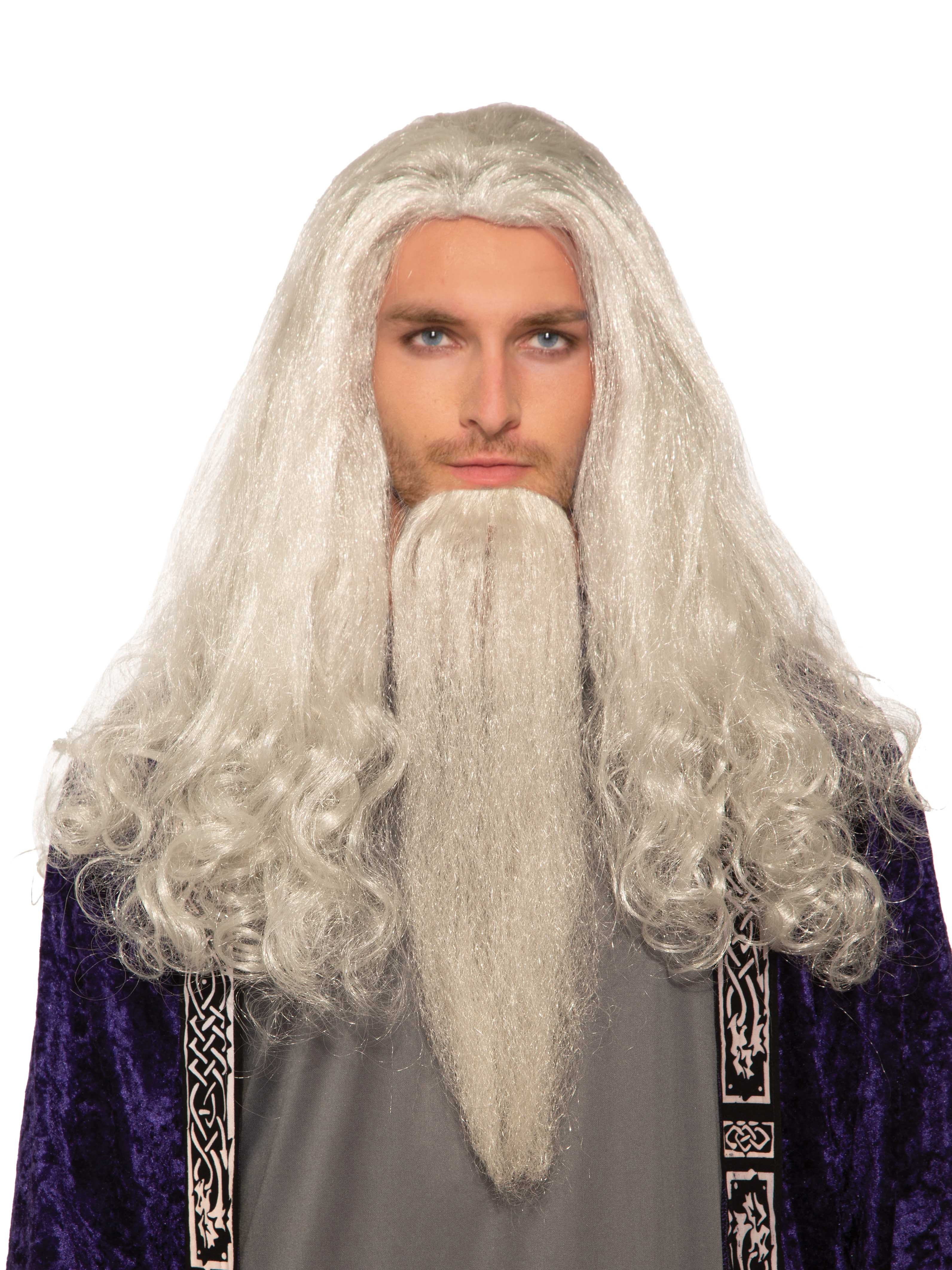 Men's Long White Wizard Wig & Beard Halloween Gandalf Merlin Fancy Dress 