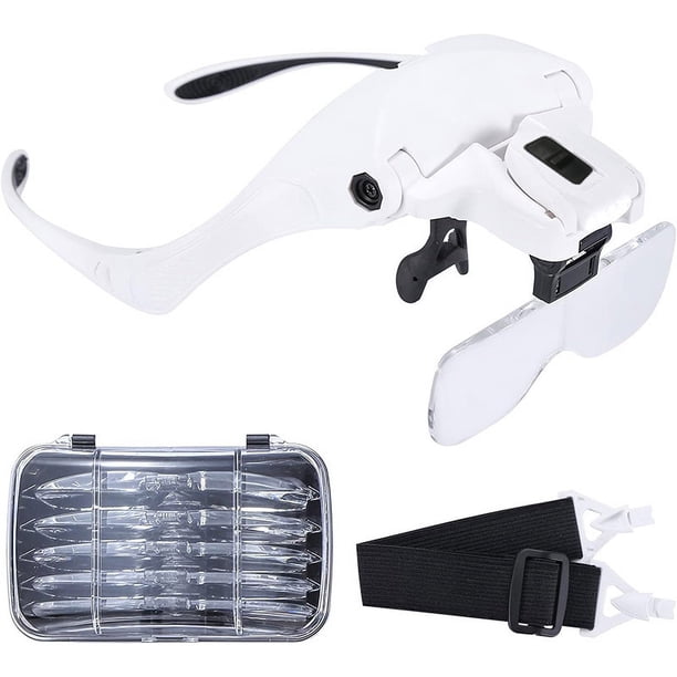 Lupas con luz, lupa de diadema con LED para trabajo cercano, 5 lentes reemplazables: 1.0X, 1.5X, 2.0X, 2.5X, 3.5X