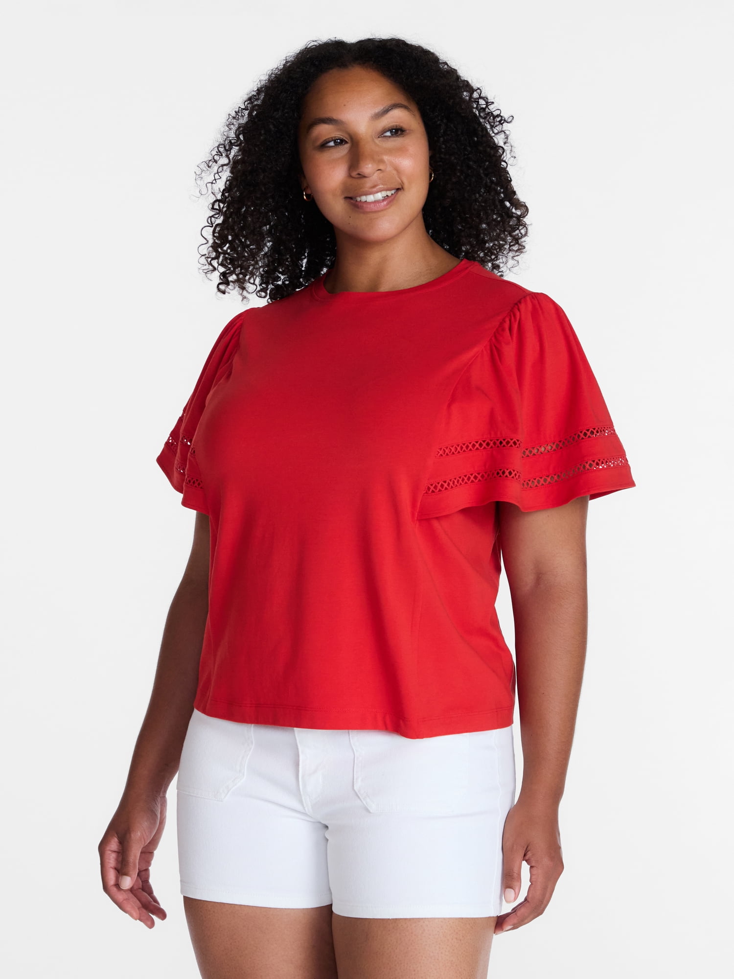 Time and Tru Women's Top with Short Flounce Sleeves, Sizes XS-XXXL