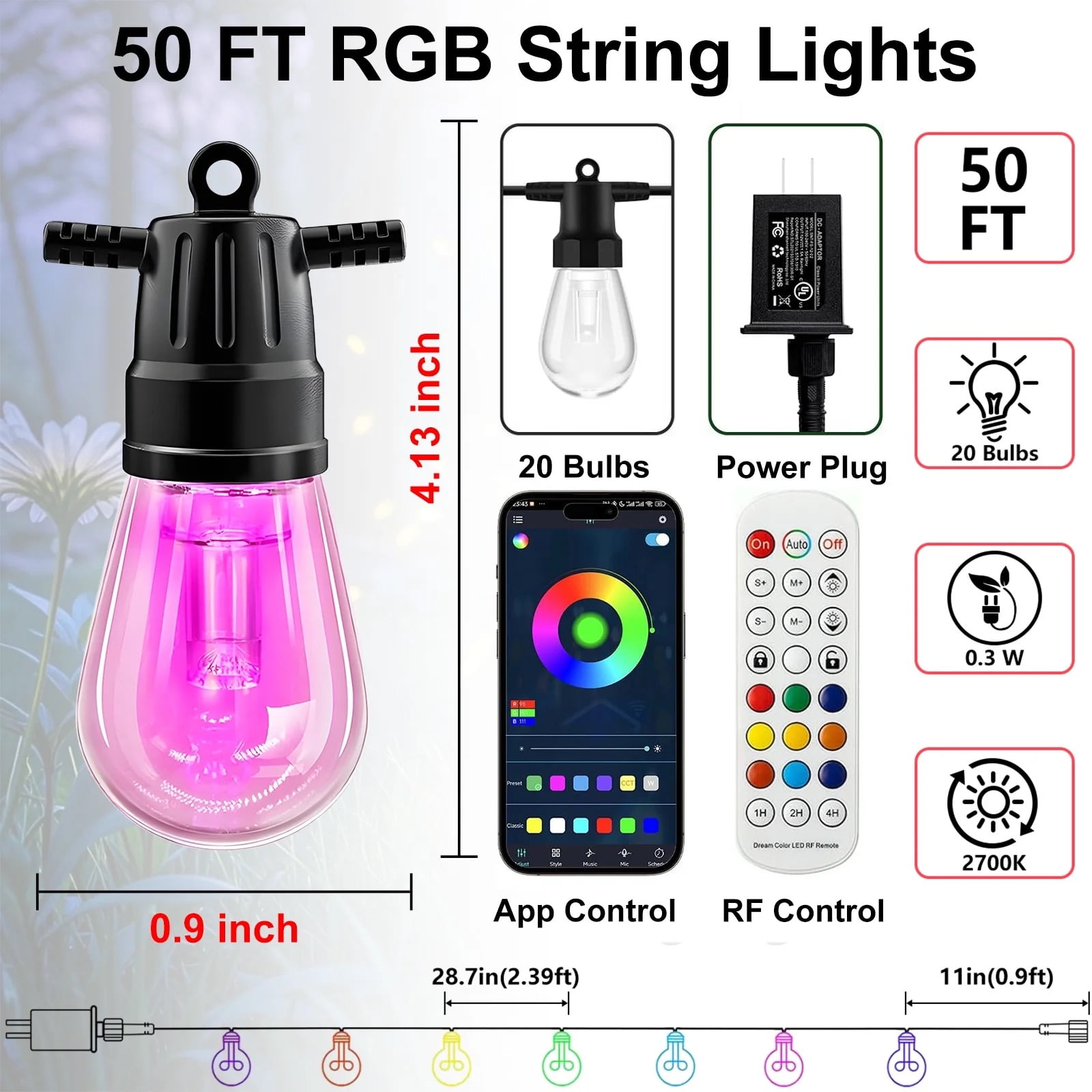 GLUAAE 50ft Outdoor String Lights with APP & Remote Control - RGB Waterproof LED Patio Lights, 20 Bulbs Hanging Lights for Garden, Backyard, Christmas, Party Decor