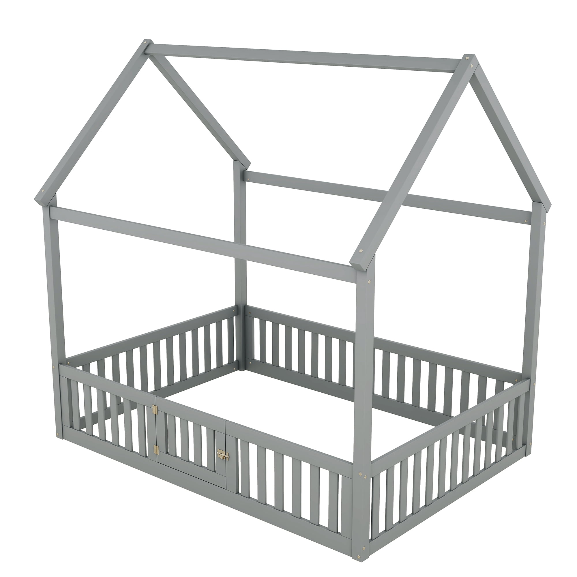 Euroco Full Size Low House Bed with Fence and Door for Kids, Gray