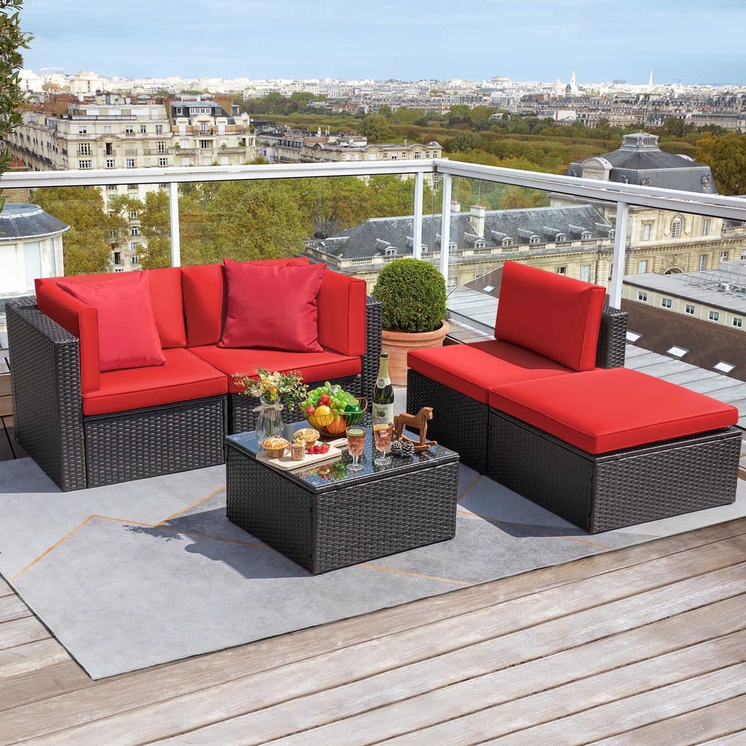 Devoko 5 Pieces Patio Sectional Set Outdoor Wicker Rattan Sofa with Cushion and Glass Table, Red
