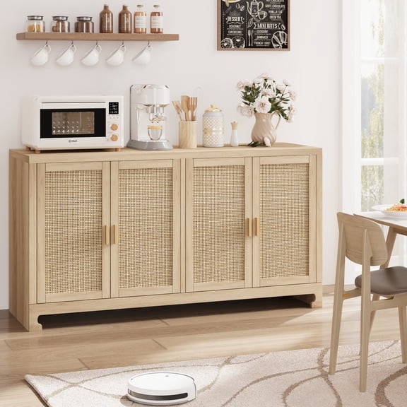 M optimized 61.4"x15.7"x31.8" Buffet Cabinet, Rattan Storage Cabinet with 4 Doors and Shelf, Sideboard Buffet Cabinet with Storage, Accent Cabinet Console for Dining Room, Living Room, Hallway